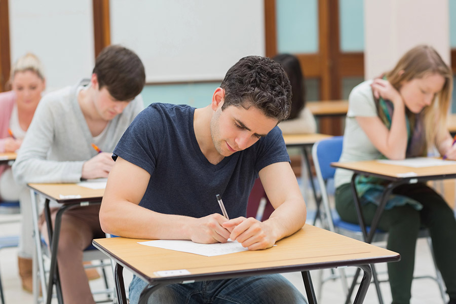 Students taking a test in a classroom in Dublin